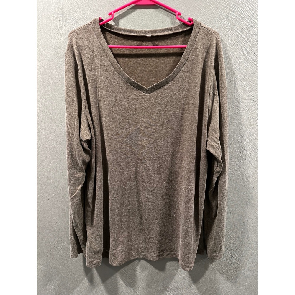 Womens XL Brown Heathered V-Neck Long Sleeve T-Shirt Relaxed Fit Soft Jersey